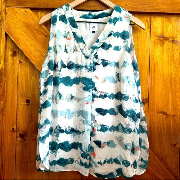 Cabi Womens Gelato Top Size XS Peach Teal Watercolor Stripe Sleeveless #5035 - Picture 3 of 5